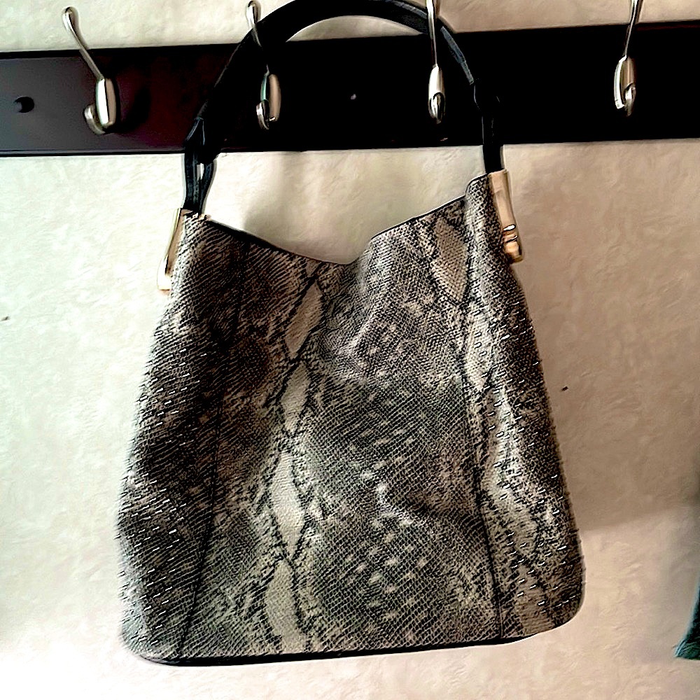 Leather Hobo snake grey and black shoulder bag with detachable cross body purse.